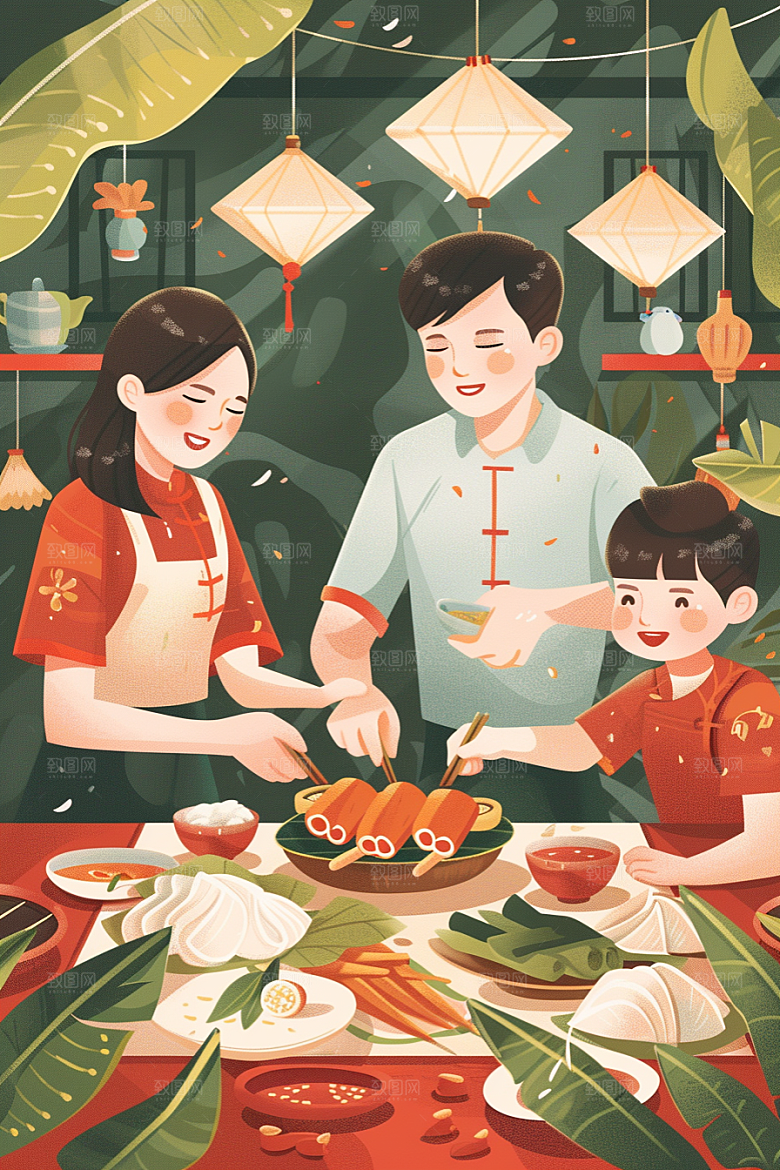 端午包粽子习俗美食插画