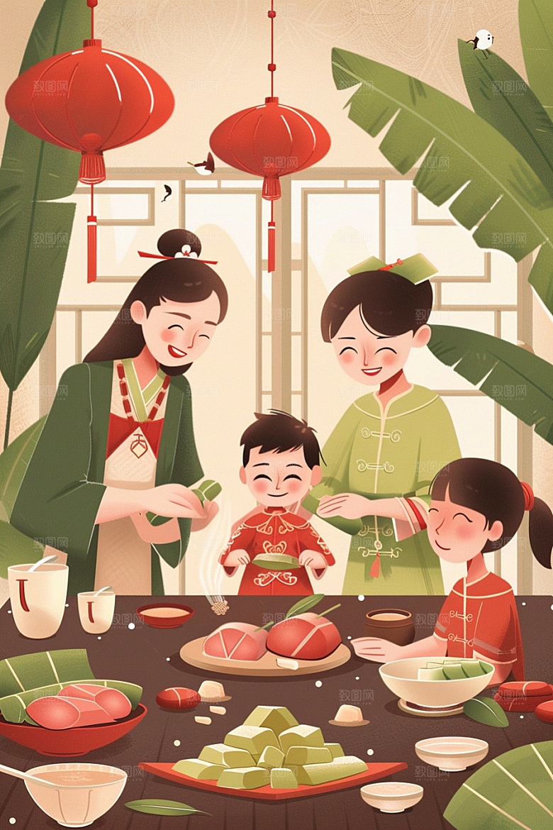端午包粽子手绘粽叶插画
