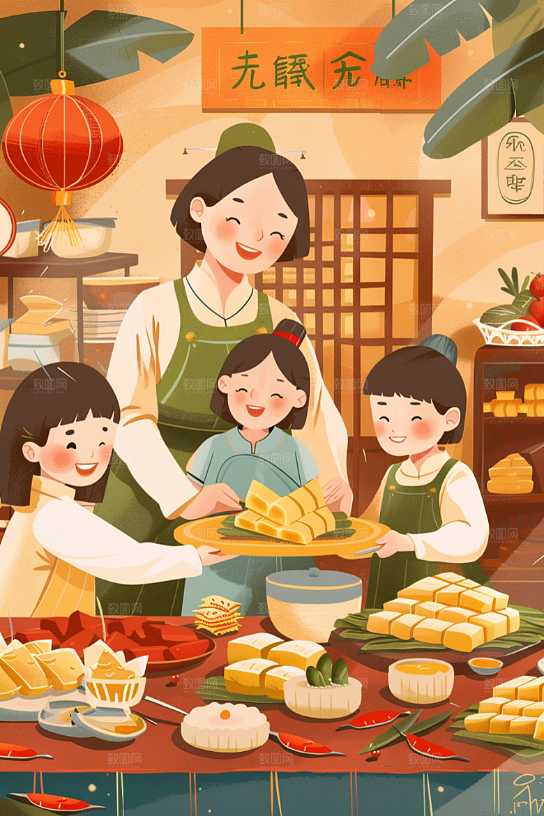 端午包粽子阖家团聚传统文化插画