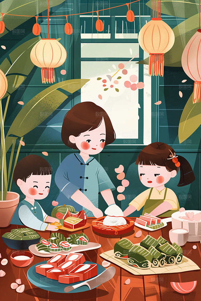 端午包粽子粽叶美味插画