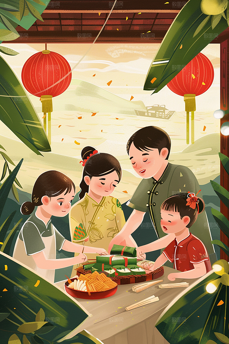 端午包粽子节日氛围糯米插画