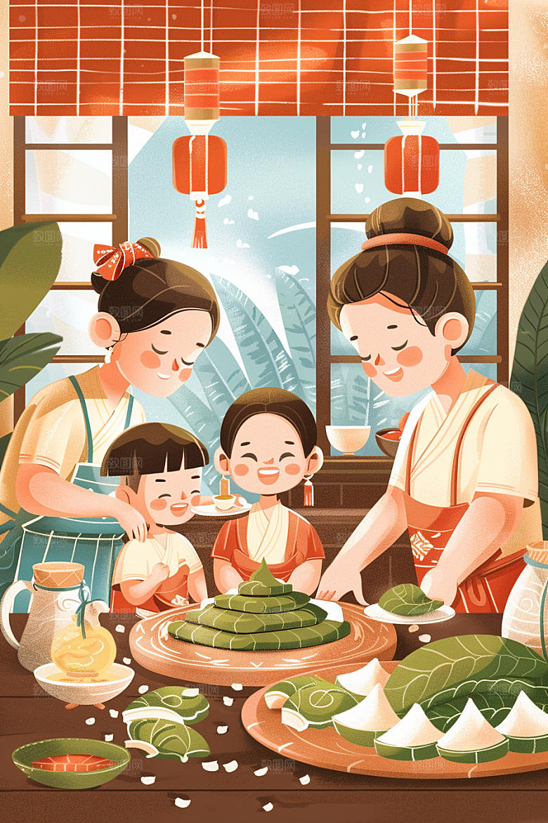 端午包粽子节日阖家团聚插画