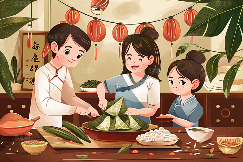 端午包粽子美食传统文化插画