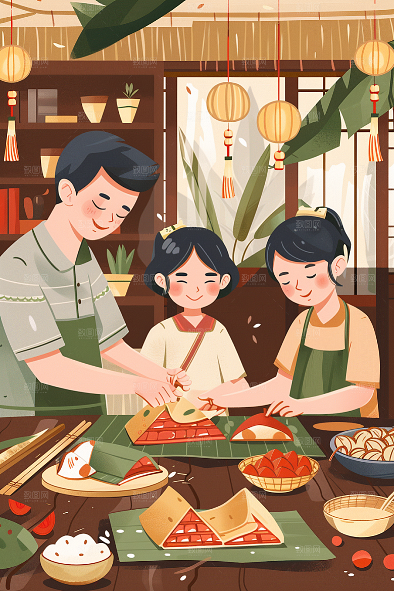 端午包粽子端午节传统文化插画