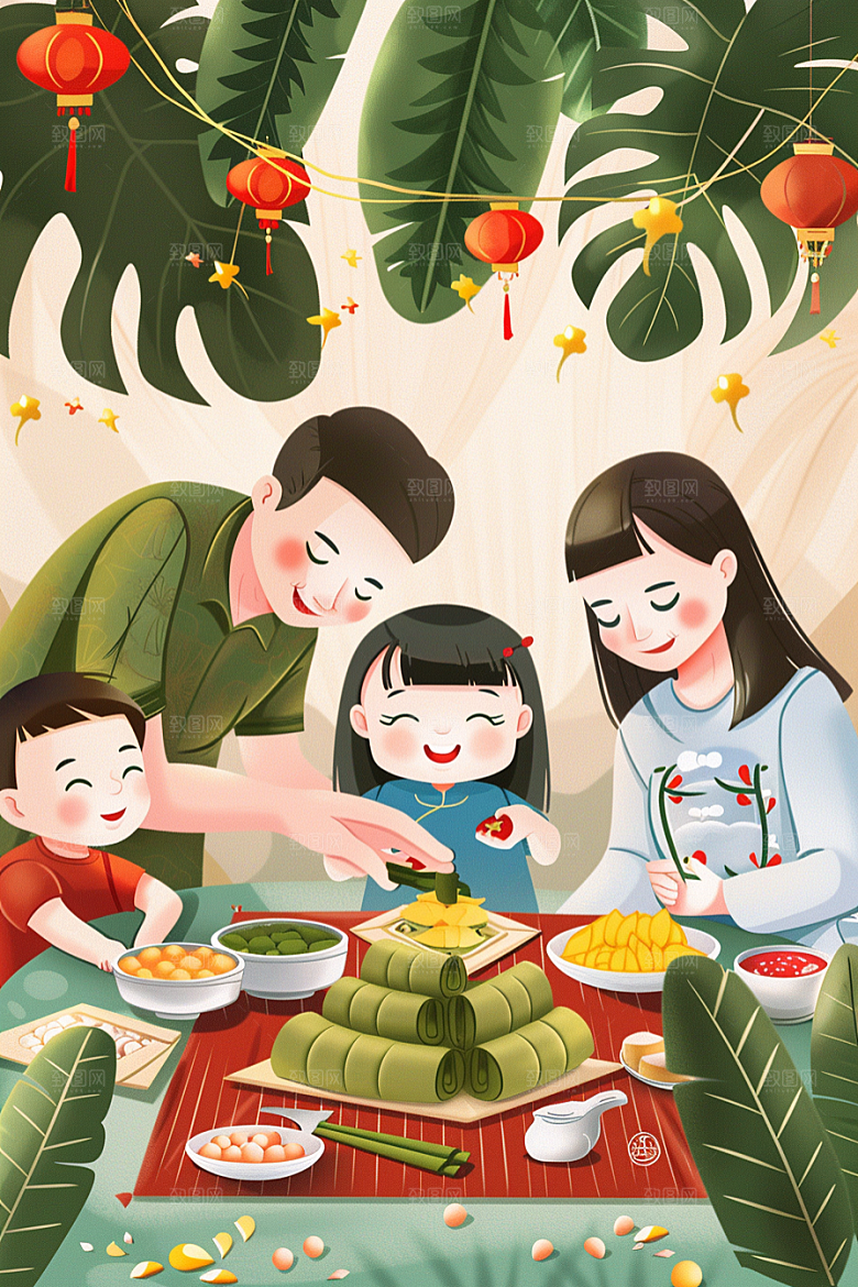 端午包粽子美食温馨插画