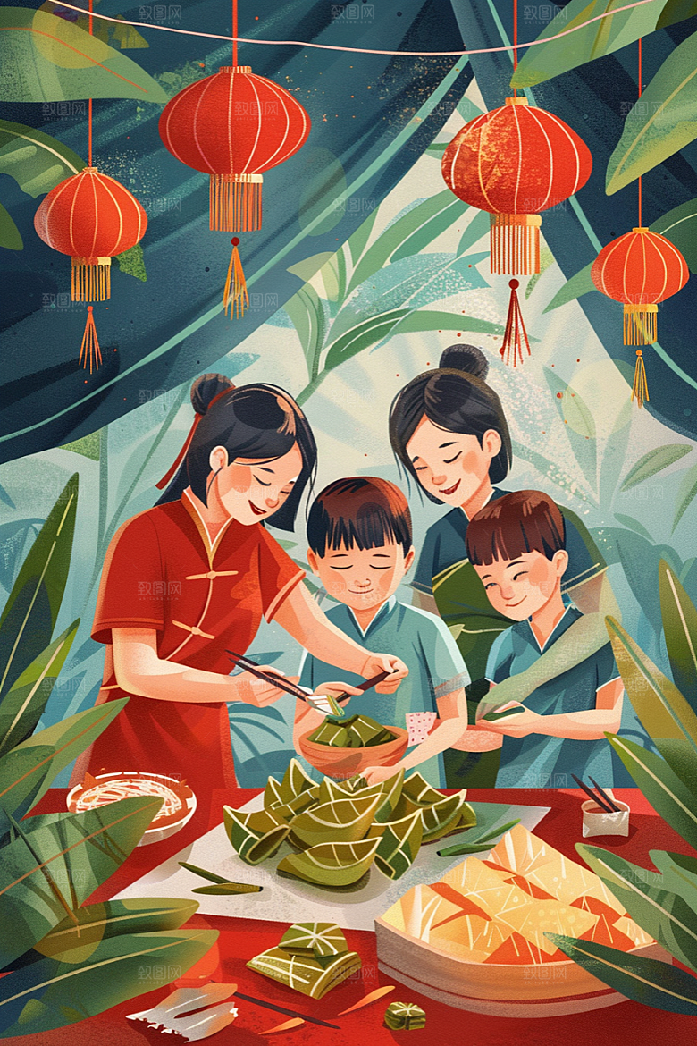 端午包粽子习俗美味插画