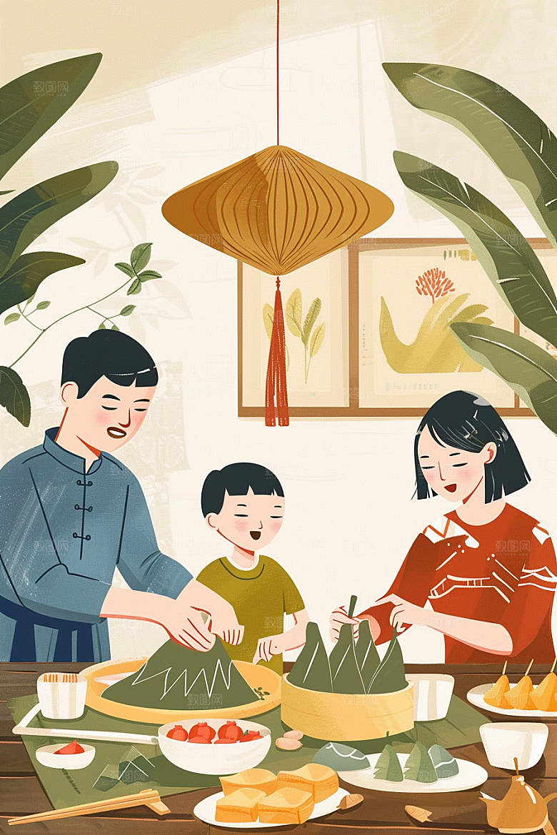端午包粽子高清习俗插画