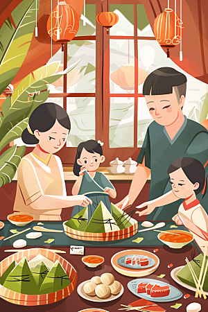 端午包粽子糯米幸福插画