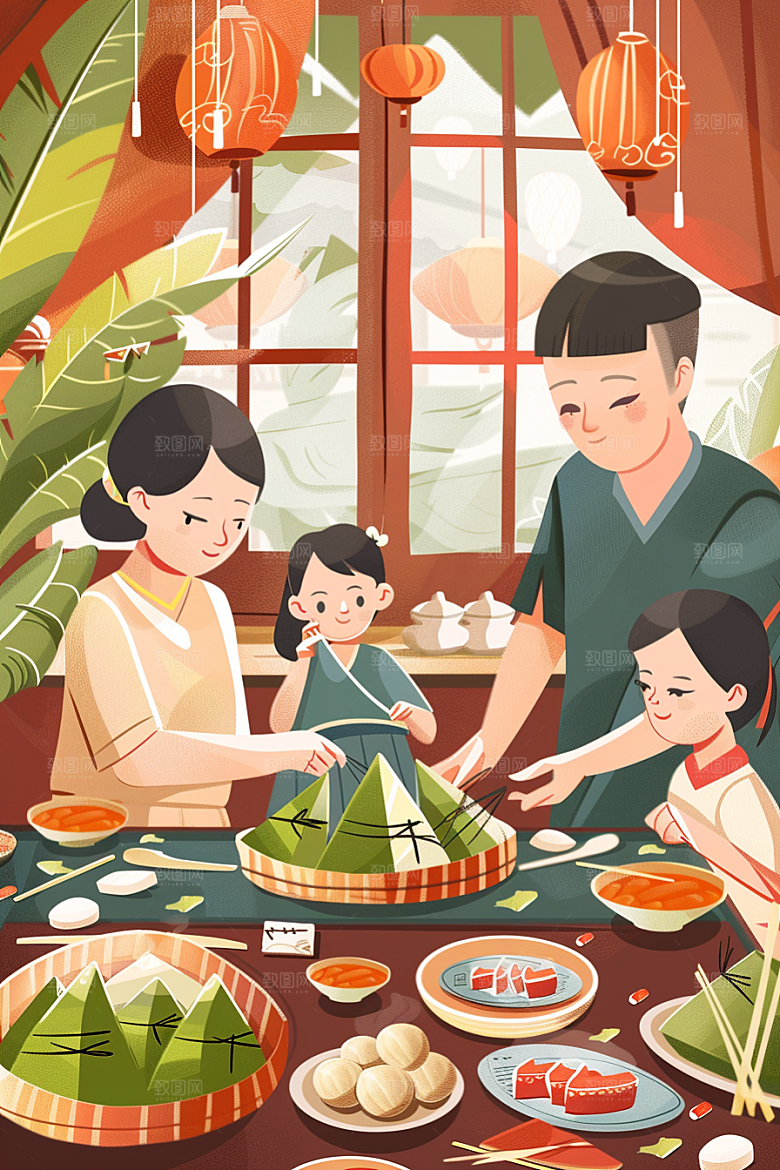 端午包粽子糯米幸福插画