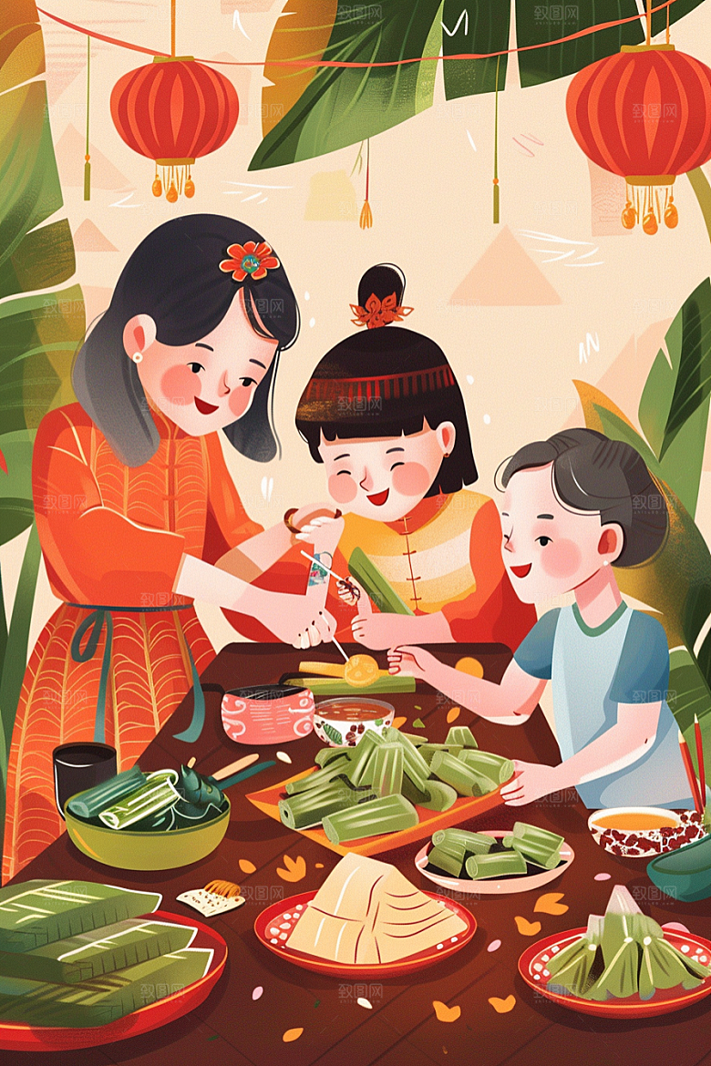 端午包粽子传统文化幸福插画