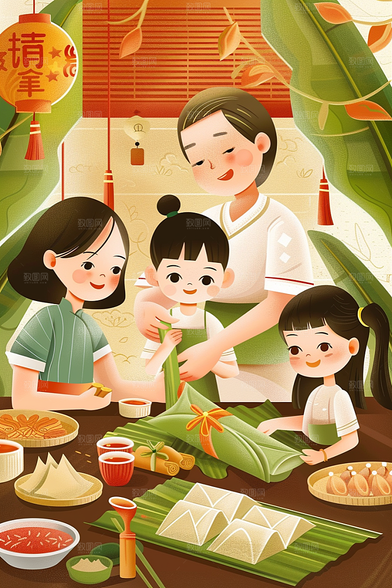 端午包粽子美食节日插画