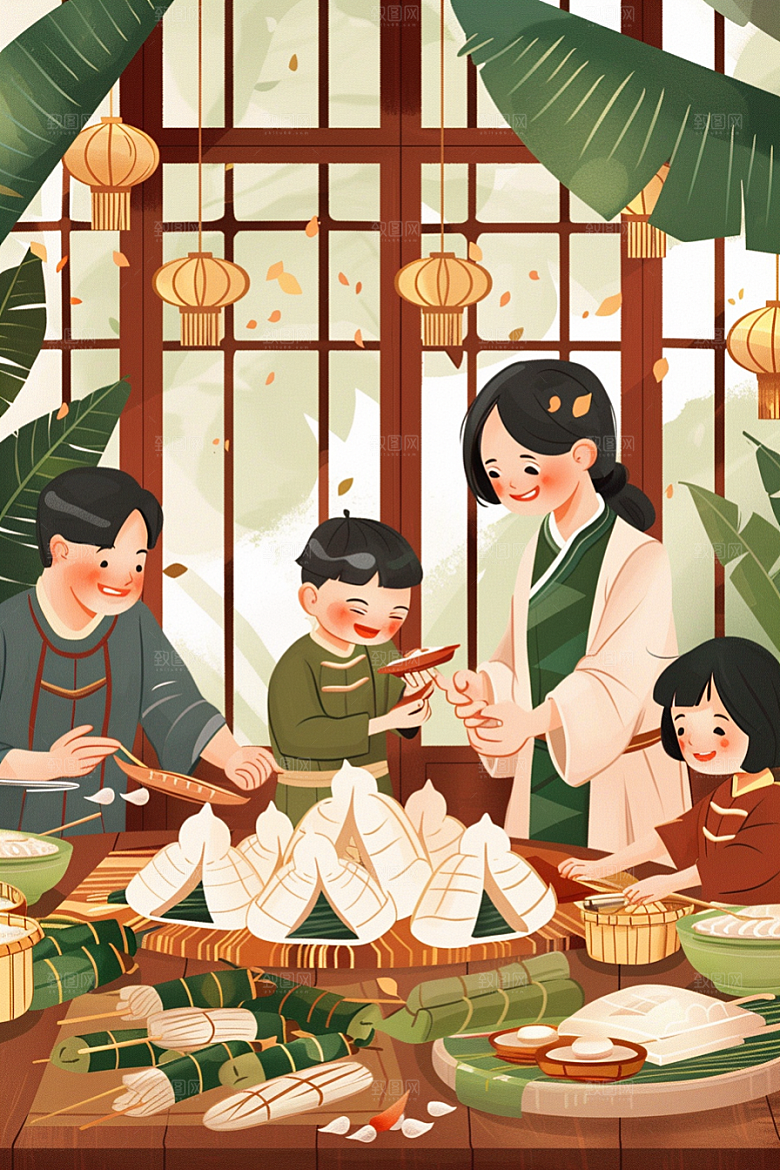 端午包粽子高清传统文化插画