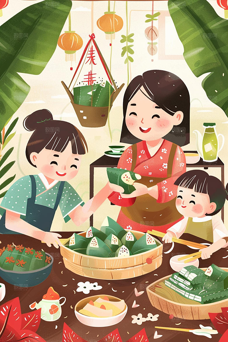 端午包粽子小吃传统文化插画