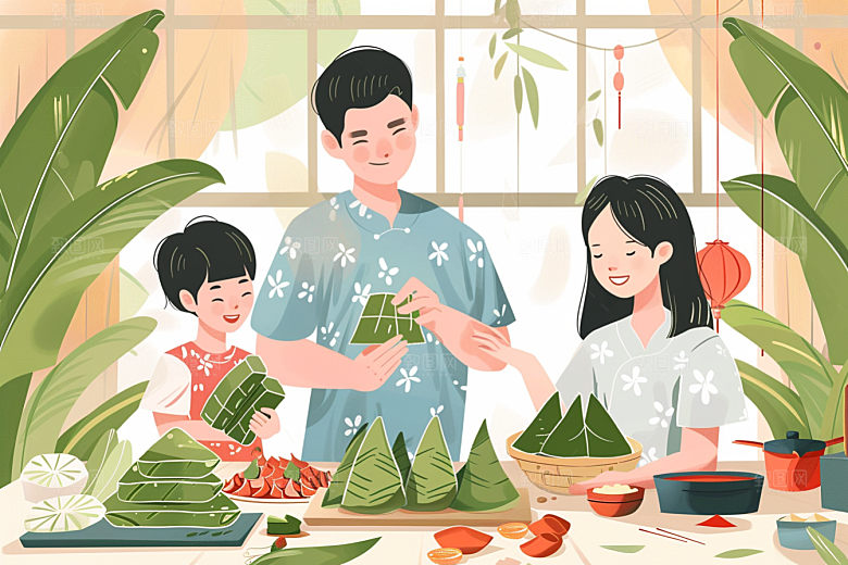 端午包粽子粽叶小吃插画