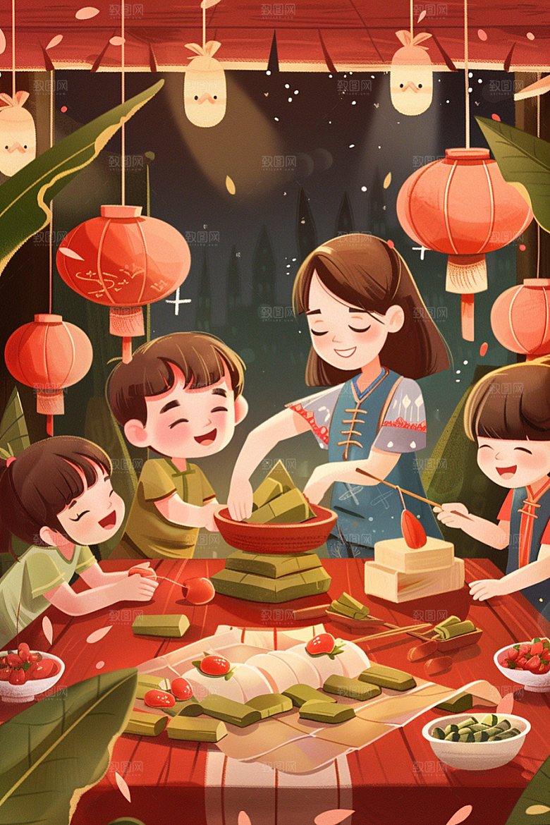 端午包粽子高清美味插画