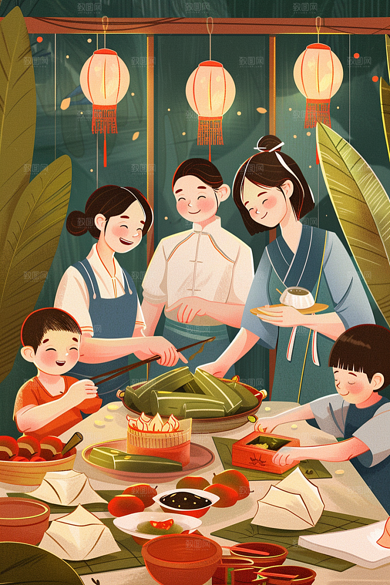 端午包粽子高清阖家团聚插画