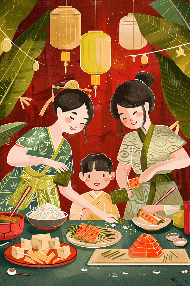 端午包粽子高清粽叶插画