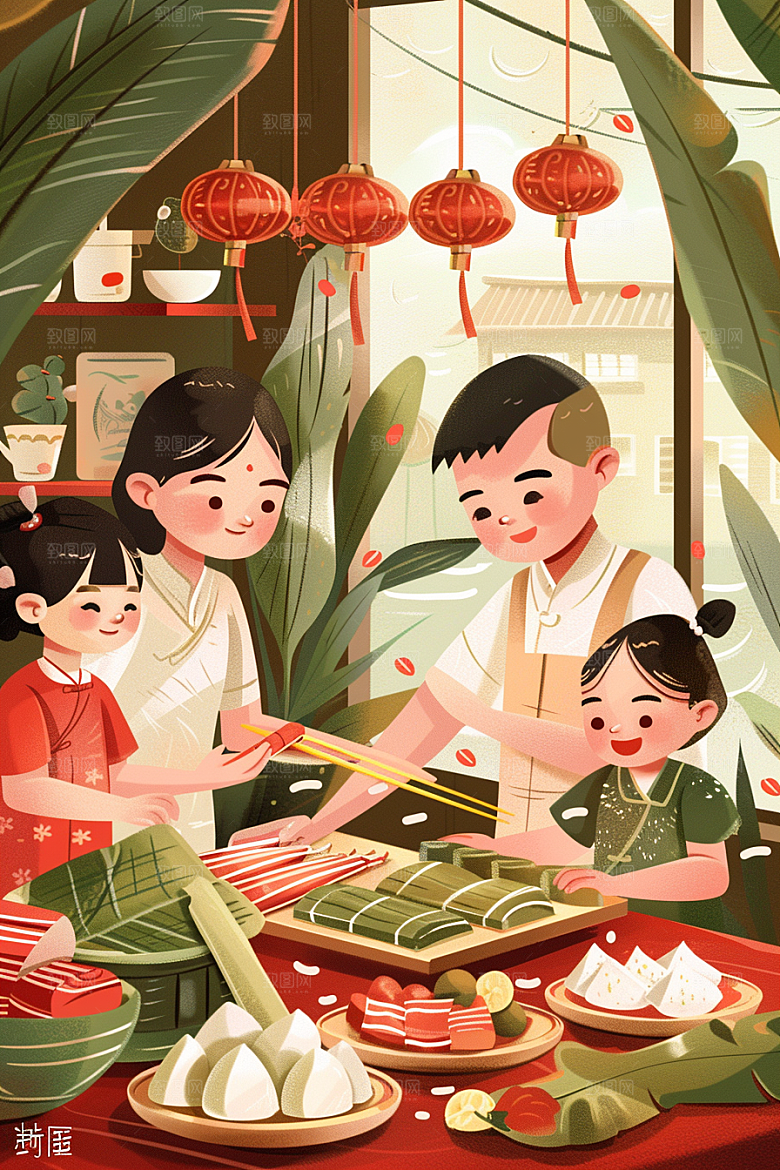 端午包粽子美味幸福插画