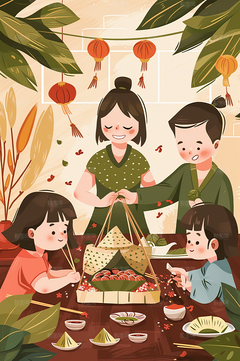 端午包粽子小吃温馨插画