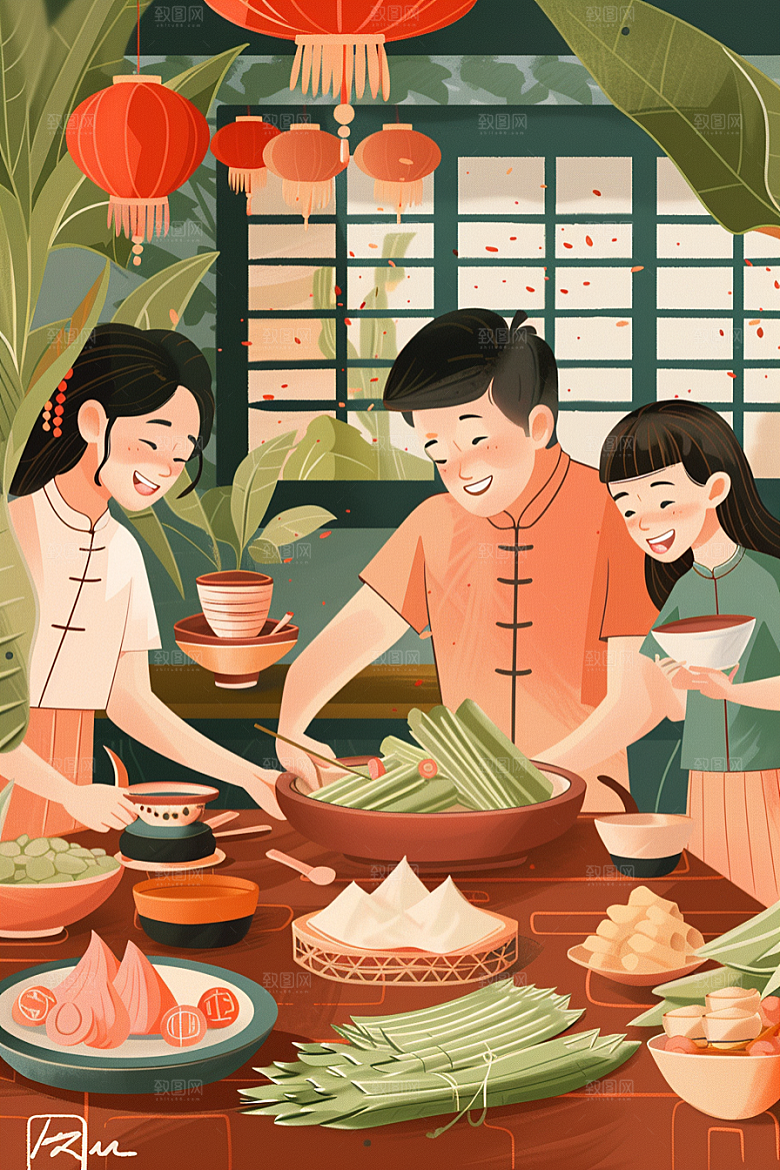 端午包粽子美食幸福插画