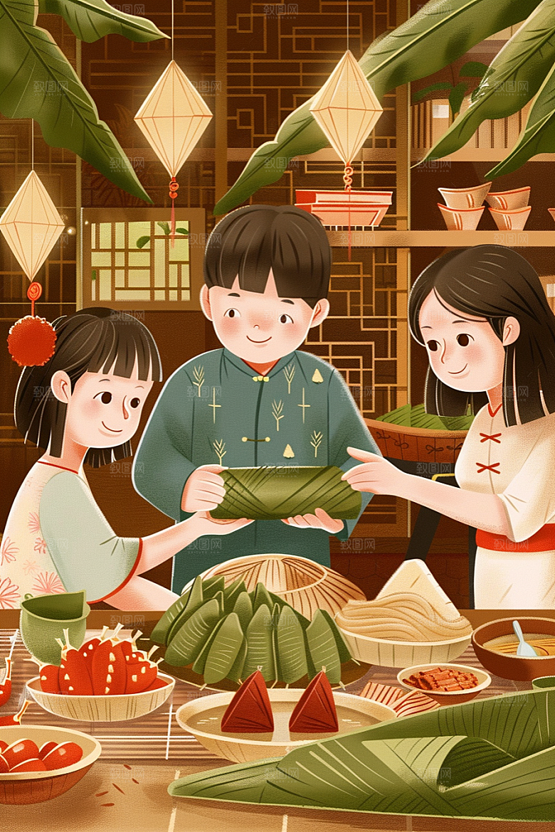 端午包粽子美味美食插画