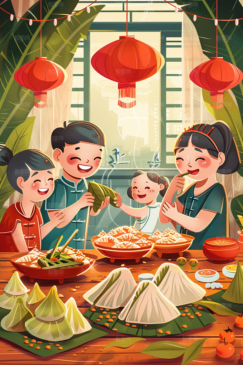 端午包粽子习俗手绘插画