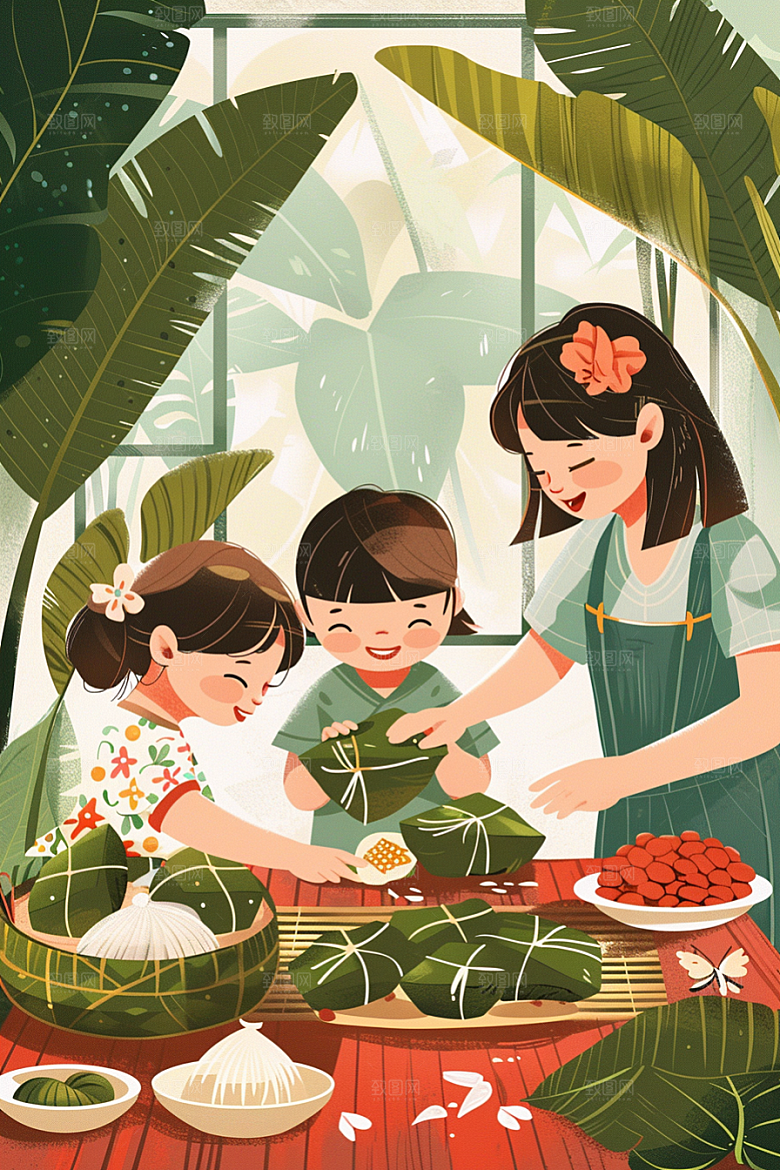 端午包粽子节日氛围节日插画