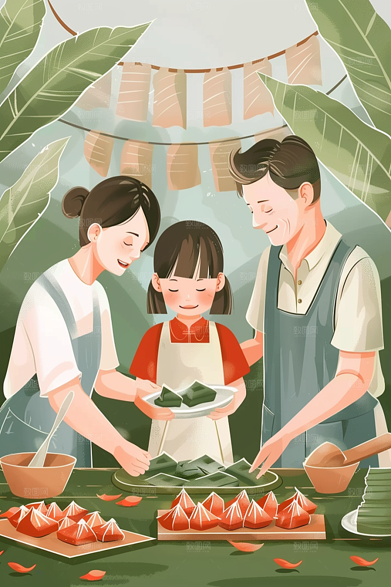 端午包粽子美味小吃插画