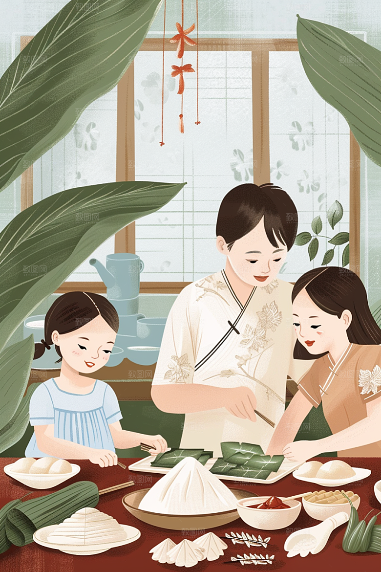端午包粽子小吃节日插画