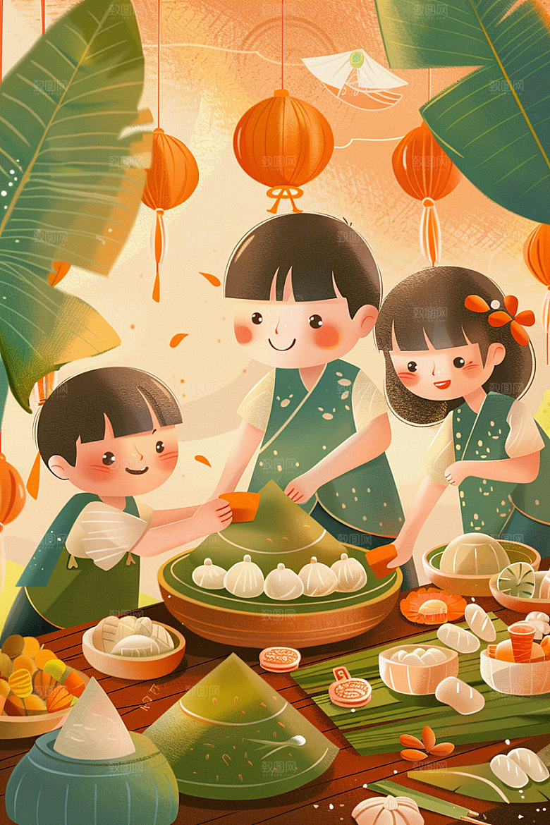 端午包粽子阖家团聚手绘插画