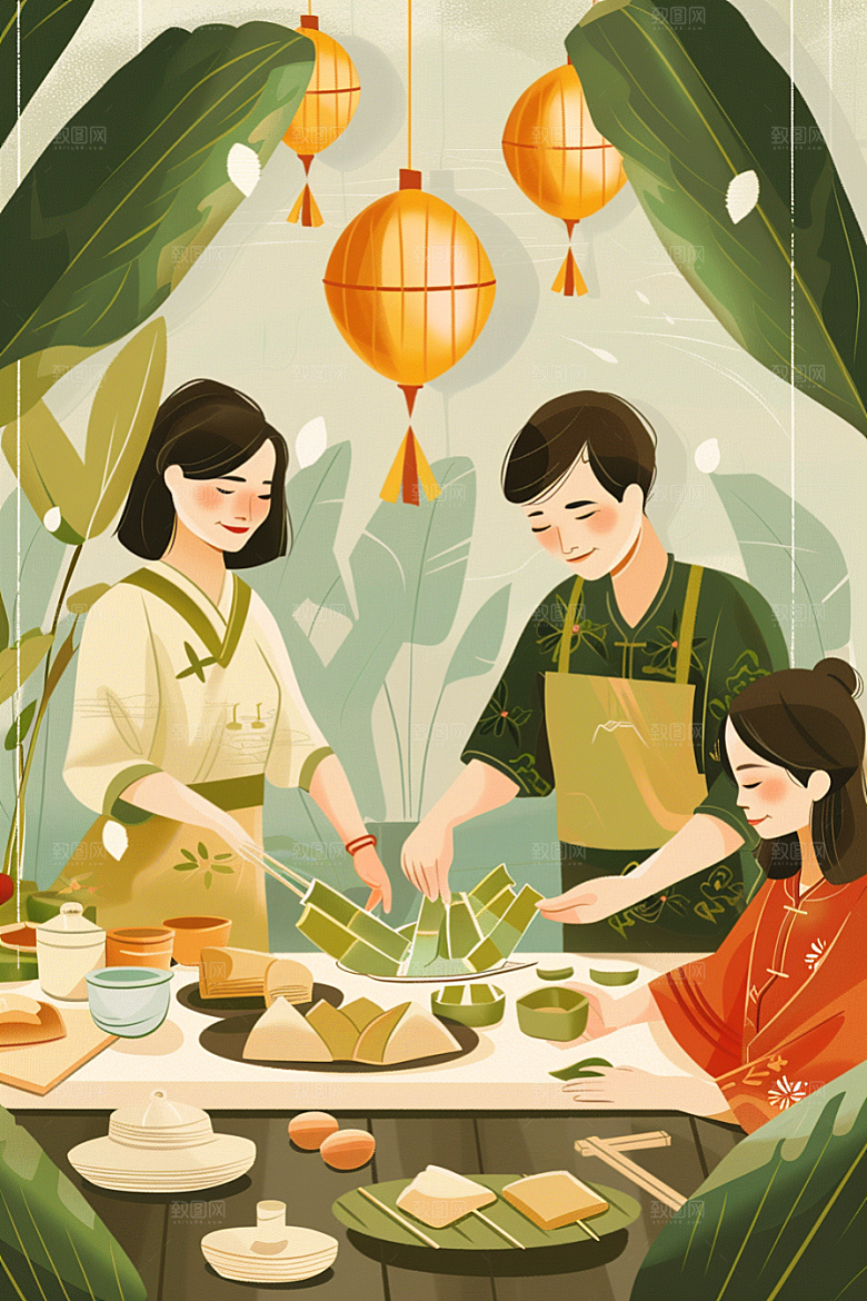 端午包粽子节日幸福插画