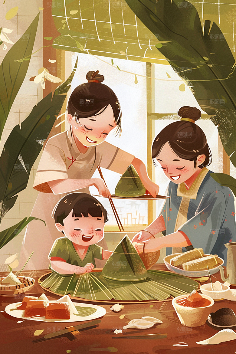 端午包粽子小吃节日插画