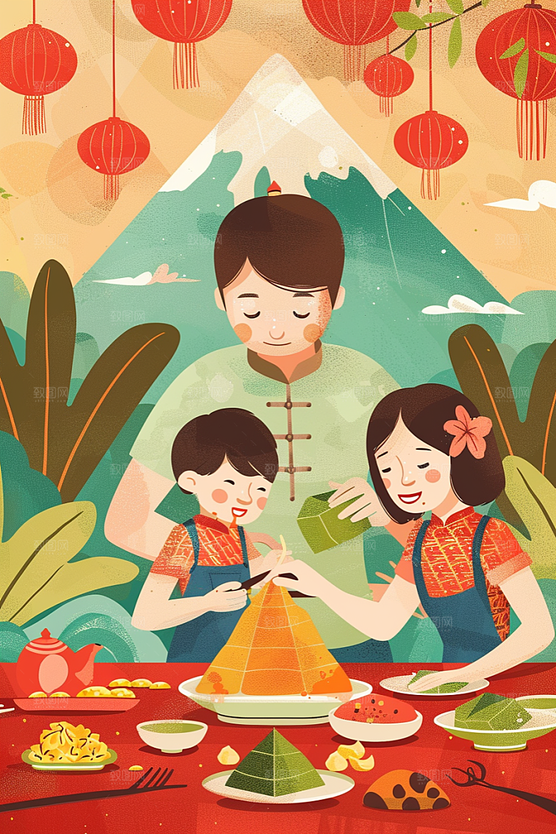 端午包粽子阖家团聚糯米插画