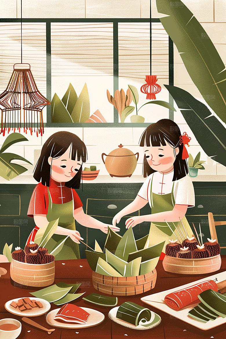 端午包粽子糯米美味插画