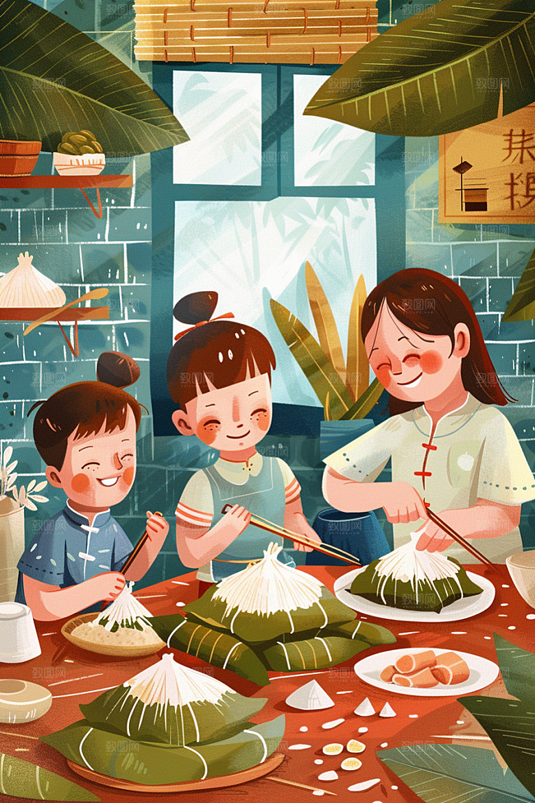 端午包粽子节日糯米插画
