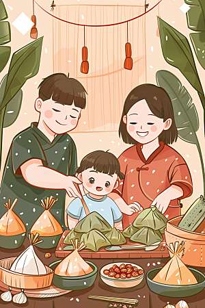 端午包粽子美食阖家团聚插画