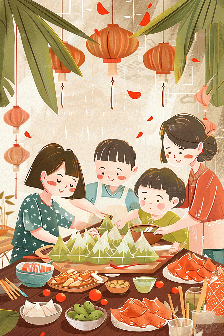 端午包粽子美食阖家团聚插画