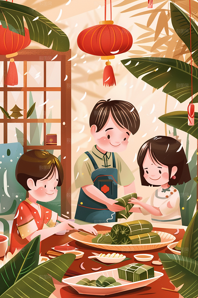 端午包粽子阖家团聚小吃插画