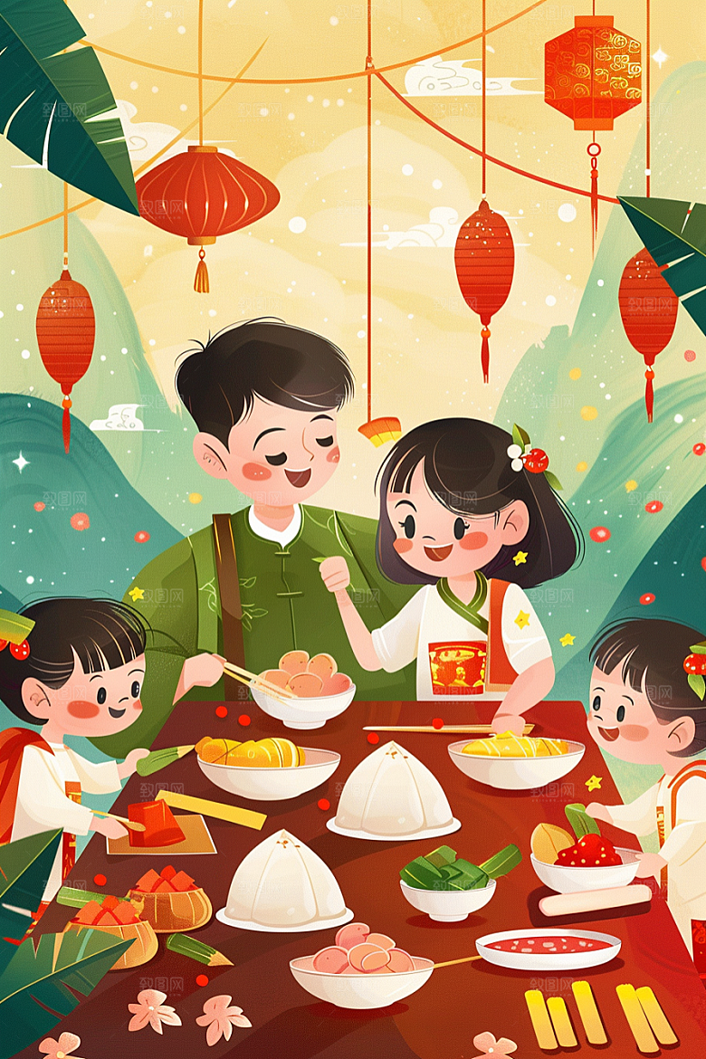端午包粽子高清小吃插画