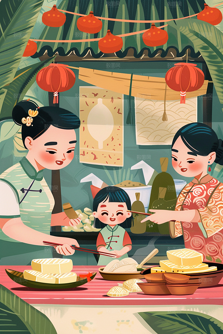端午包粽子端午节节日氛围插画
