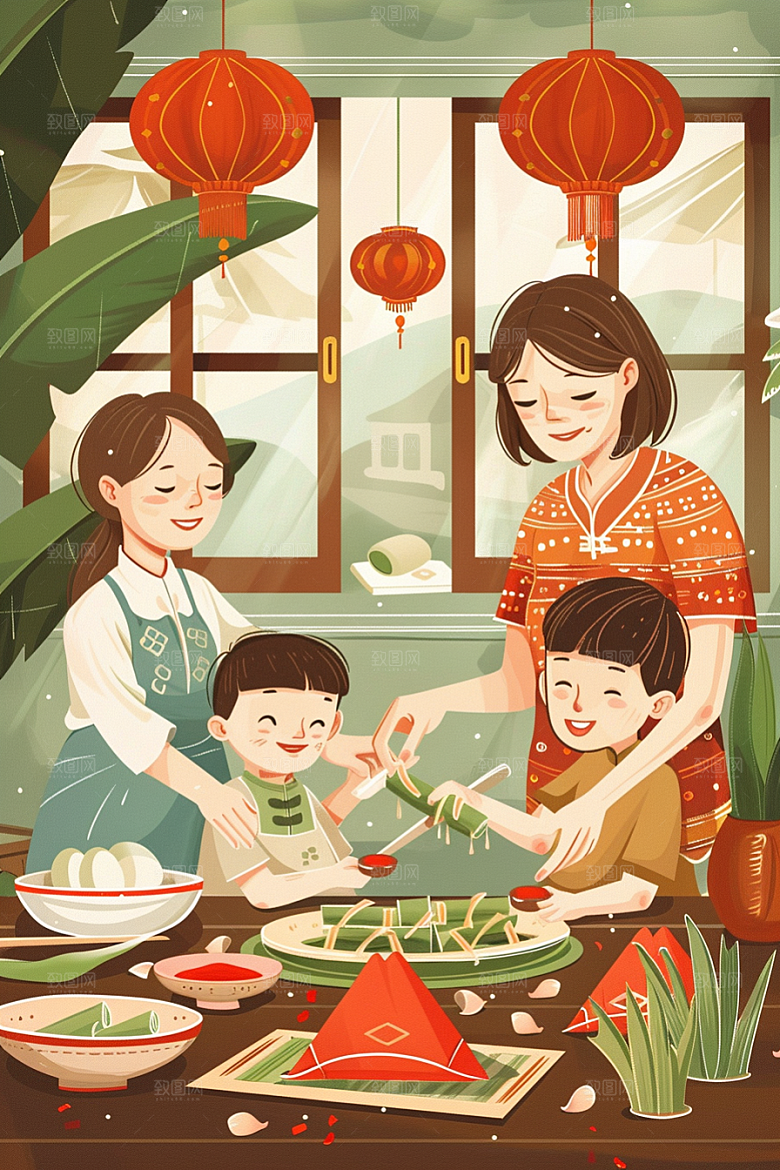 端午包粽子传统文化美味插画