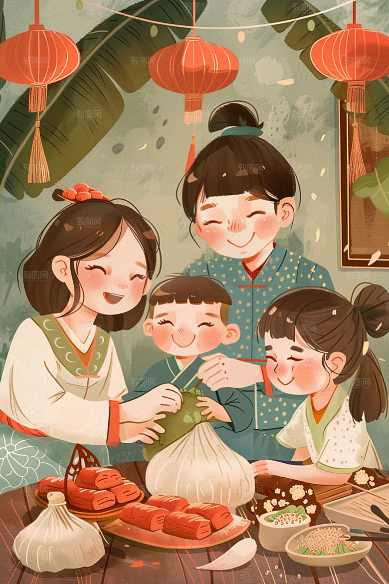 端午包粽子阖家团聚节日氛围插画
