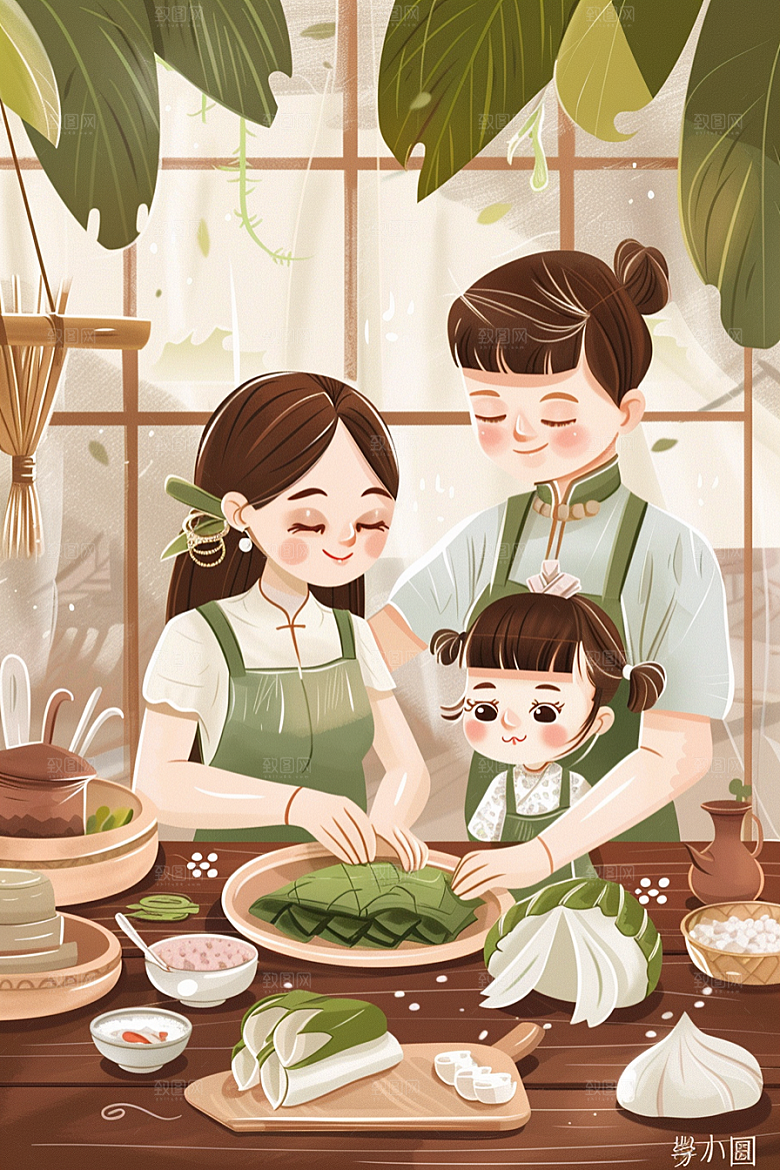 端午包粽子高清糯米插画