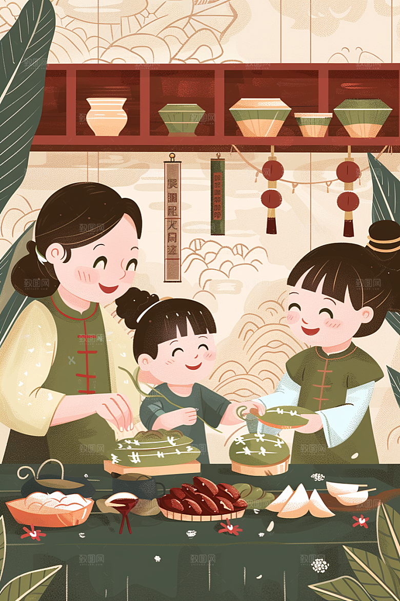 端午包粽子粽叶传统文化插画