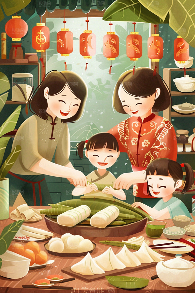 端午包粽子幸福手绘插画