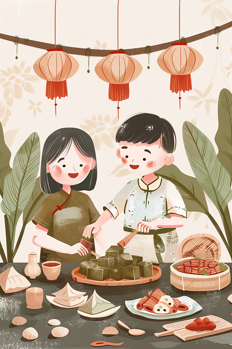 端午包粽子习俗高清插画