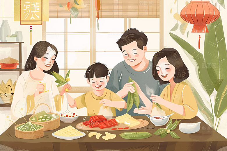 端午包粽子美味美食插画
