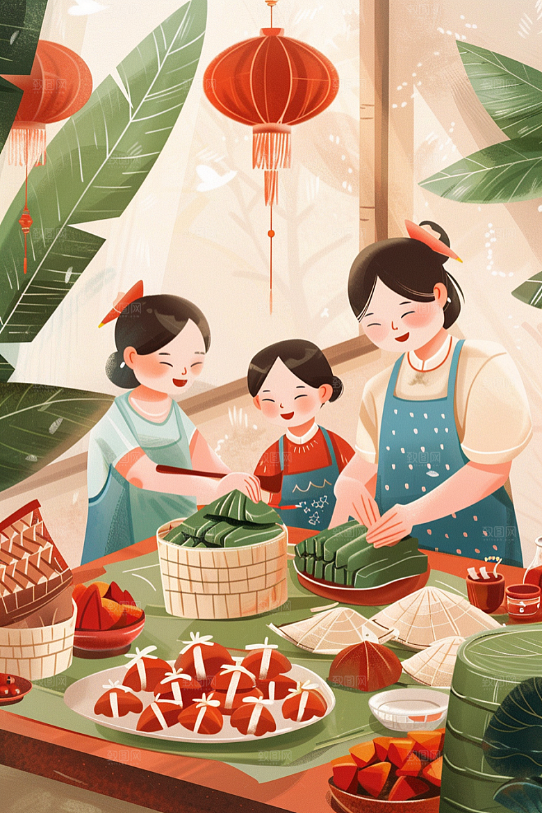 端午包粽子传统文化美味插画