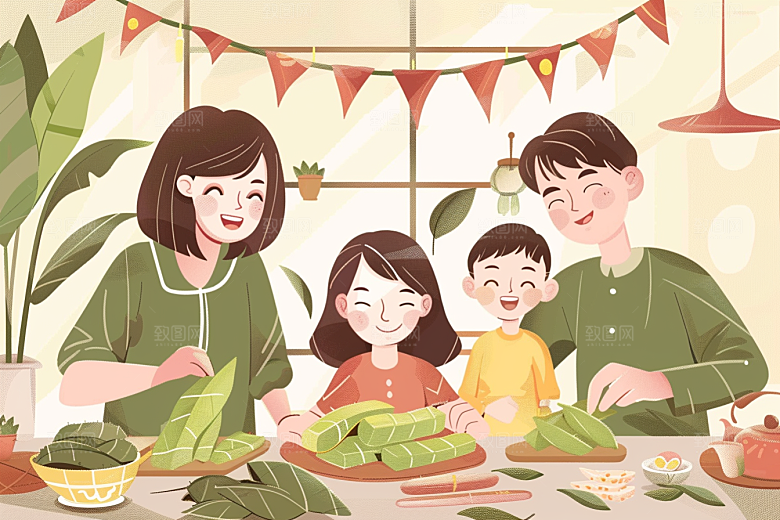 端午包粽子阖家团聚节日氛围插画