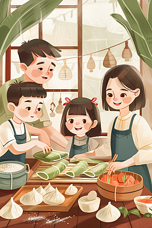 端午包粽子温馨习俗插画